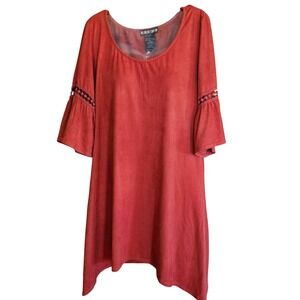 Paper Doll Rust Faux Suede Bell Sleeve Crochet Trim Sharkbite Dress Medium